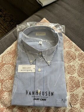 Van Heusen Men’s White and Blue Pinstripe Dress Shirt